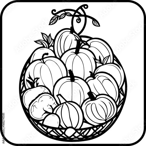 Monochrome harvest basket full of pumpkins, apples and vegetables in stylized black and white line