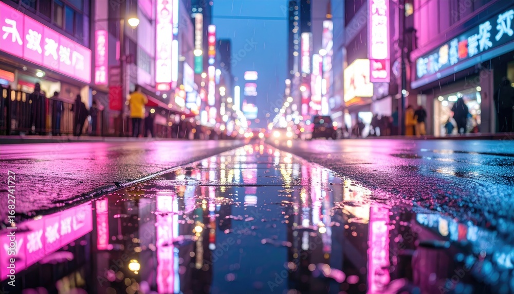 Obraz premium Rain-slicked city street reflects neon signs, blurred figures walking on sidewalks in this vibrant urban night scene