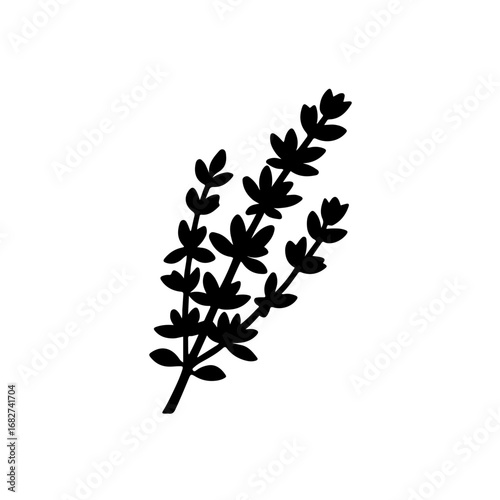 A simple and elegant vector icon of a fresh thyme sprig, perfect for adding a natural touch to any project. This black and white design is part of a minimalist herb and spice collection
