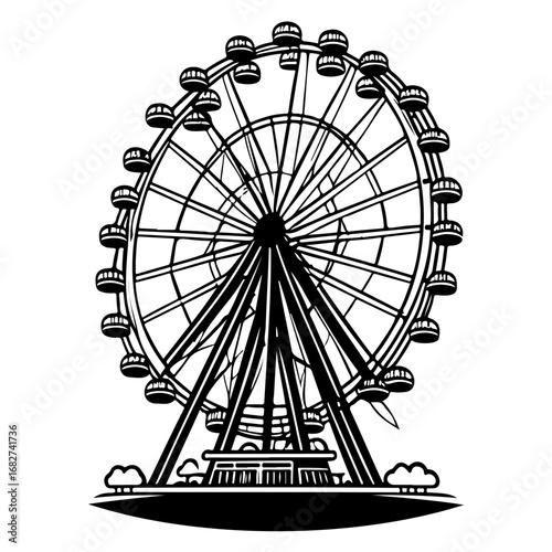 Monochrome illustration of a majestic ferris wheel evoking a sense of awe and adventure in an