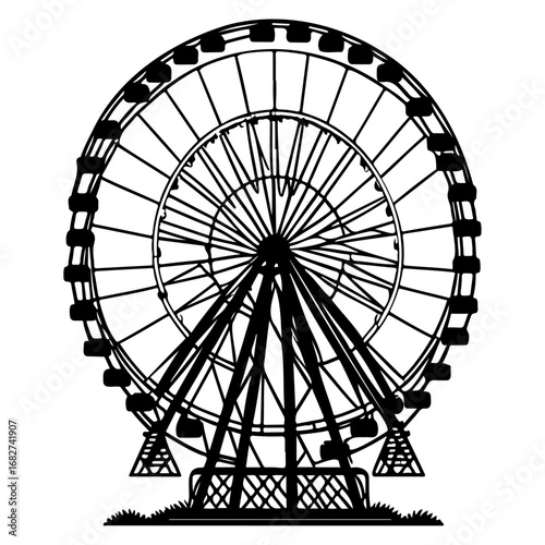 Monochrome illustration showcasing a ferris wheel with detailed construction and bold contrast in