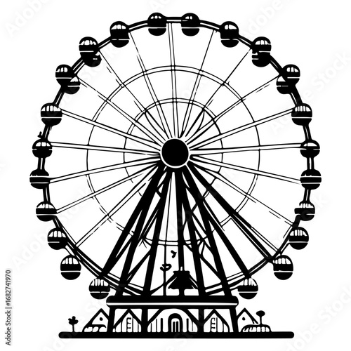 Monochrome illustrative depiction ferris wheel soaring against white expanse amusement rides joy