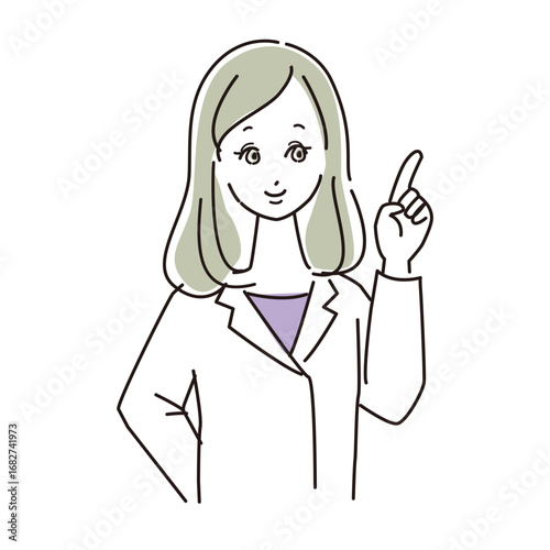 指差ししている白衣を着た女性の上半身