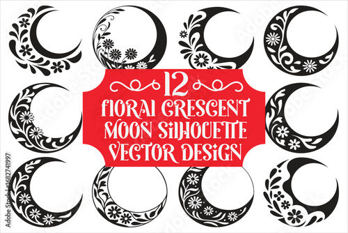 Floral crescent moon silhouette vector isolated on a white background