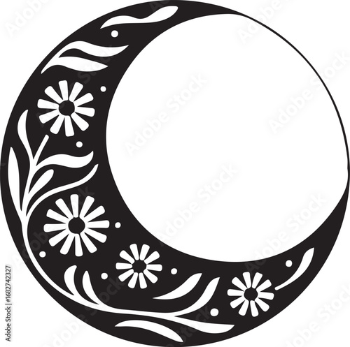 Floral crescent moon silhouette vector isolated on a white background
