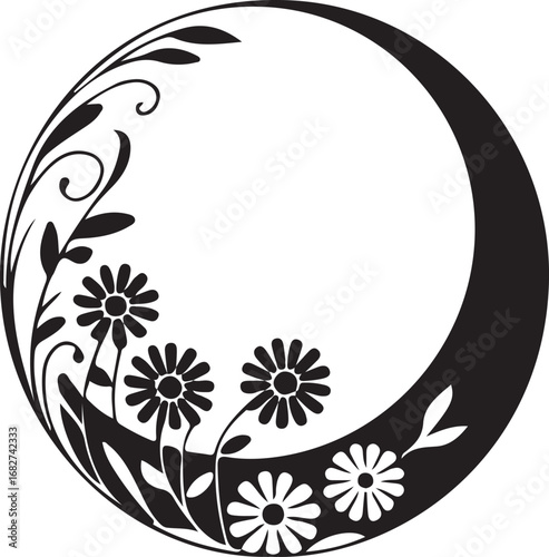 Floral crescent moon silhouette vector isolated on a white background