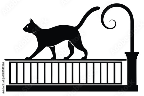 Feline Silhouette on Balcony Railing Under Ornamental Street Lamp on White