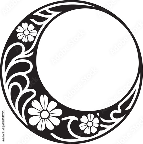 Floral crescent moon silhouette vector isolated on a white background