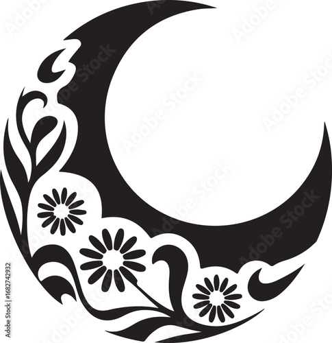 Floral crescent moon silhouette vector isolated on a white background