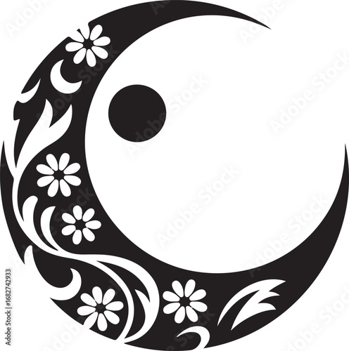 Floral crescent moon silhouette vector isolated on a white background