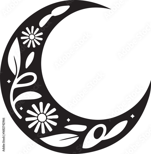 Floral crescent moon silhouette vector isolated on a white background
