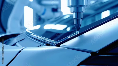 Automated Robotic Arm Applying Adhesive to Car Windshield on Assembly Line.