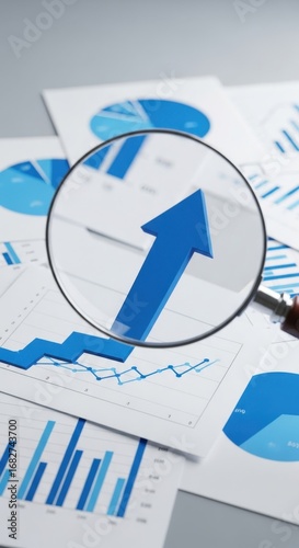 Magnifying glass over blue upward arrow graph on financial reports chart data