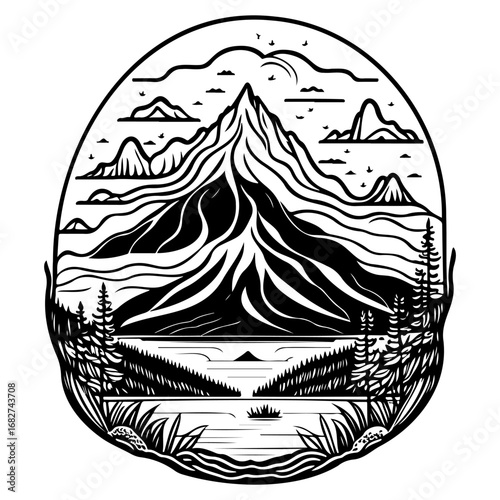 Monochrome mountain vista encompassing a serene lake surrounded by verdant coniferous forests and