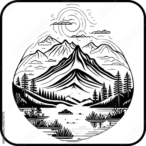 Monochrome mountain vista scene with reflective lake and towering pine forest in circular frame