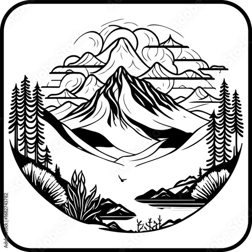 Monochrome mountain vista with evergreen trees reflection on pristine lake serenity inspiring