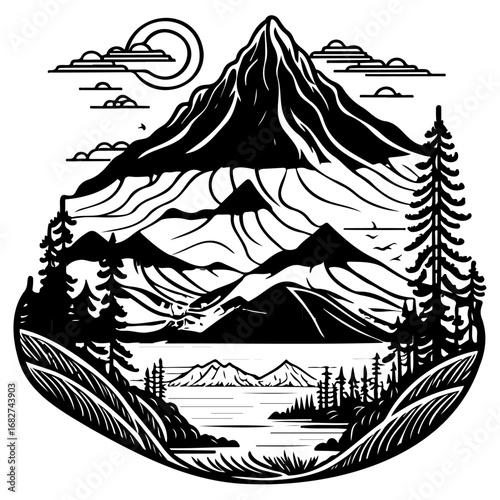 Monochrome mountainous vista featuring towering peaks serene lake peaceful woodlands and