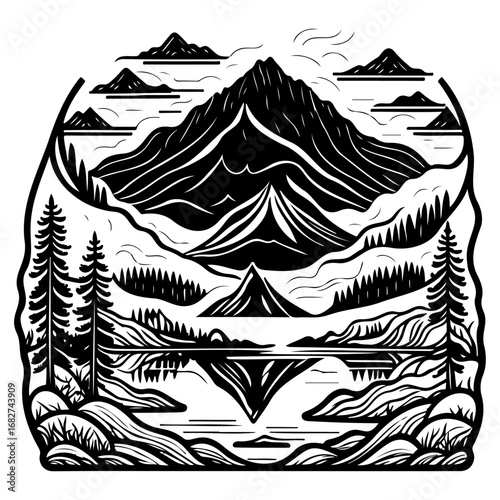 Monochrome mountainscape artwork featuring pristine lake and towering peaks embracing naturalistic