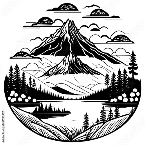 Monochrome mountainscape artistry depicting nature's serene majesty with stylized peaks reflecting