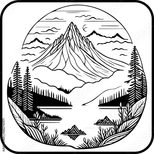 Monochrome mountainous vista illustration showing nature's majesty with serene waters and towering