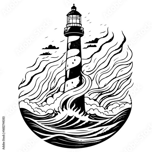 Monochrome nautical illustration of a coastal lighthouse in stormy waters against abstract sky waves