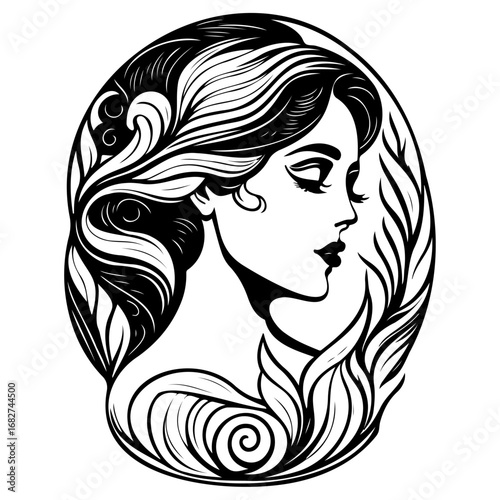 Monochrome portrait of a woman framed by stylized foliage evoking serene beauty and timeless