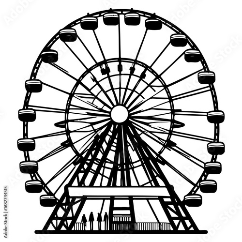 Monochrome rendering of a towering ferris wheel with waiting figures at the base, evokes amusement