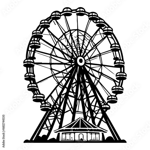 Monochrome rendition featuring elevated observation wheel amusement ride structure with a pavilion