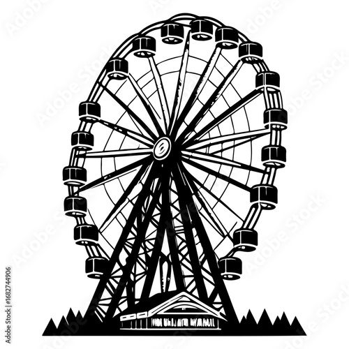Monochrome spectacle a vintage fairground ride silhouette against an amusement structure evoking