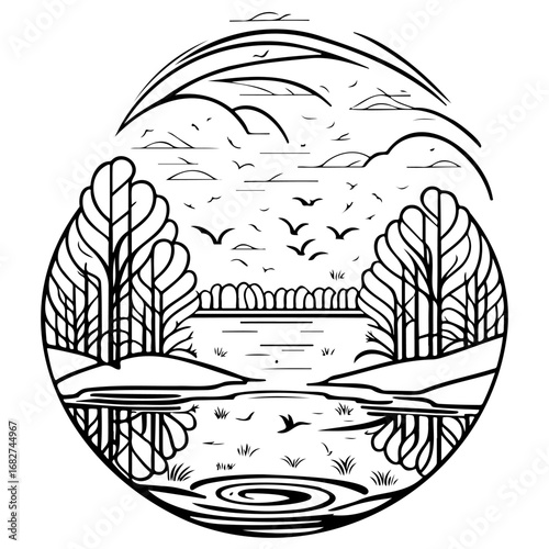 Monochrome stylized illustration featuring serene lakeside view within circular frame and