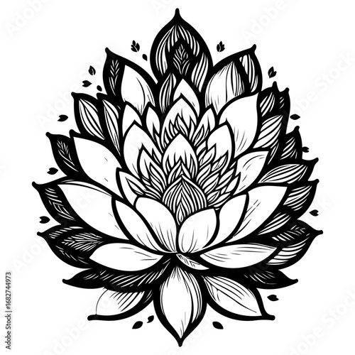 Monochrome stylized flower illustration radiating natural beauty symbol of serenity and spiritual