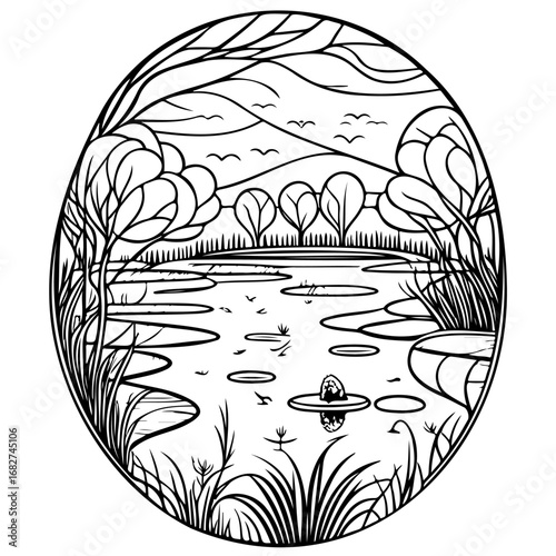 Monochrome tranquil pond sketch featuring vegetation and distant hills creating a peaceful