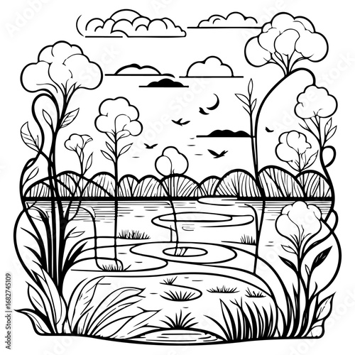 Monochrome tranquil nature scene featuring serene water reflection, stylized trees, and floating