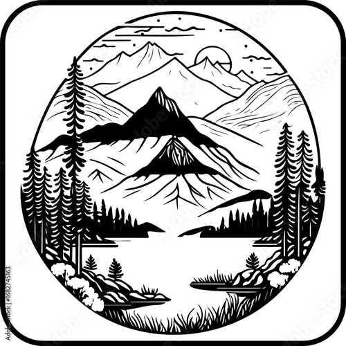 Monochrome tranquility encapsulated mountain peaks reflecting serene waters and outlined majestic