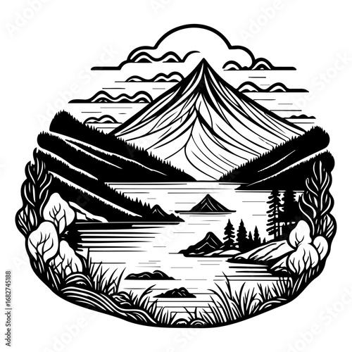 Monochrome tranquility landscape showcasing majestic mountain reflecting over placid waters and