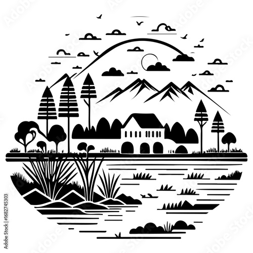 Monochrome vector landscape illustration showcasing a quaint house amidst serene waters, towering