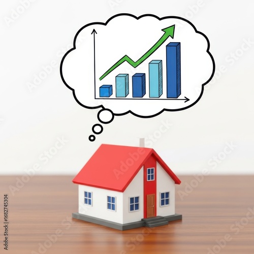 Miniature house with thought bubble showing upward trending bar graph and arrow home model