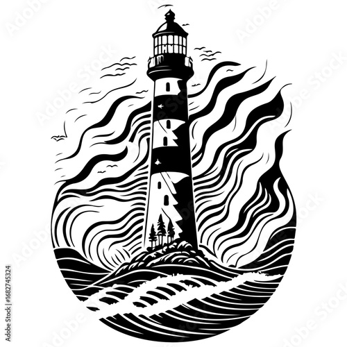 Monochrome vector lighthouse beacon, maritime navigation structure stands firm against artistic