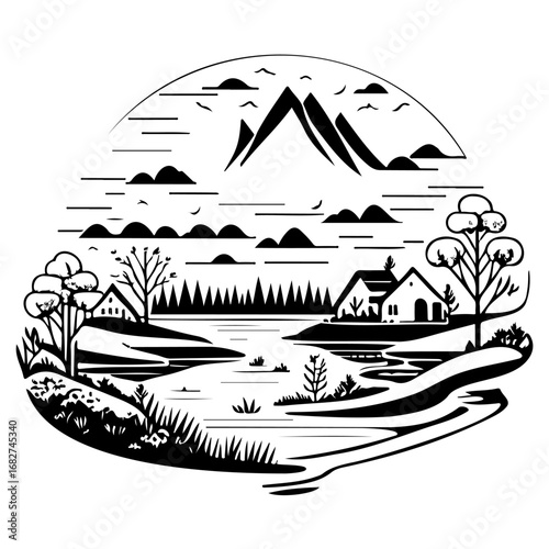 Monochrome vector landscape illustration depicting scenic mountain views with idyllic houses near