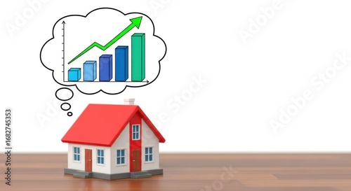 Miniature house with thought bubble showing upward trending bar graph and green arrow home real estate