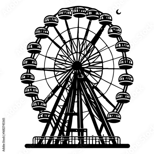 Monochrome vintage amusement silhouette artwork: an eye-catching composition of fairground