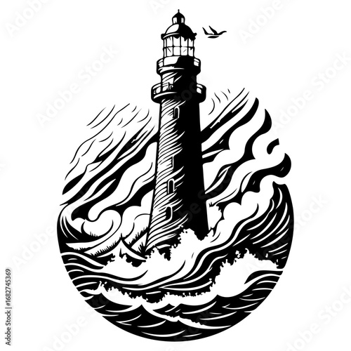 Monochrome vintage lighthouse illustration guiding through rough seas a beacon of hope in darkness