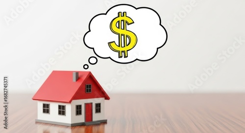 Miniature red roof house with dollar sign thought bubble home money