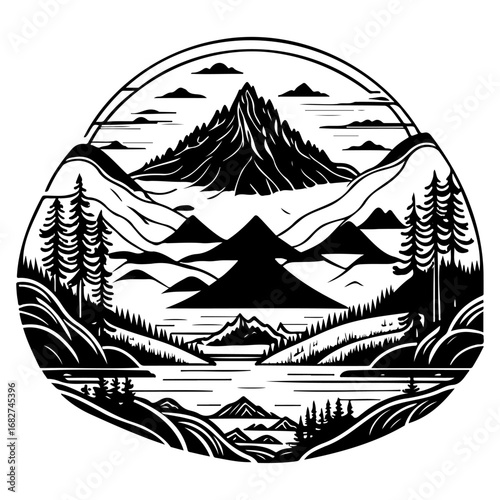 Monochrome vista of mountains and serene lake in a circular illustration with majestic mountains