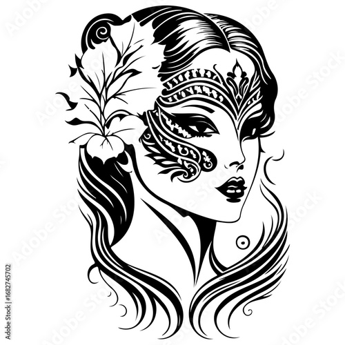 Mysterious black and white portrait with ornate face decoration and floral adornment, beautiful