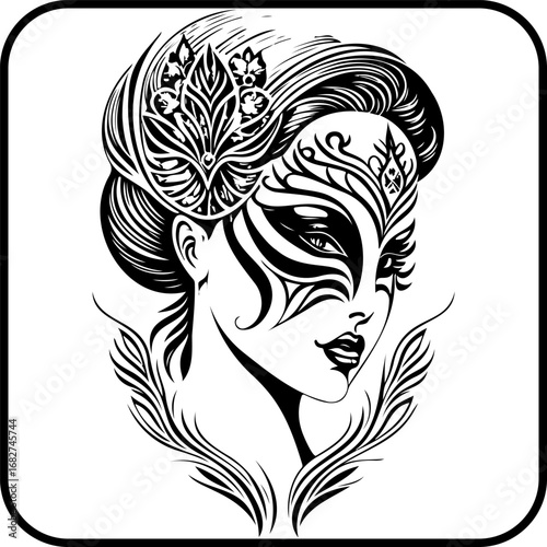 Mysterious lady in monochrome elegance a stylized portrait with decorative mask and graceful