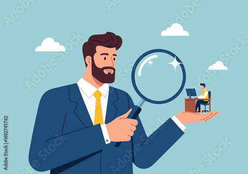 A large manager carefully examines a small employee with a magnifying glass, symbolizing corporate scrutiny and performance review