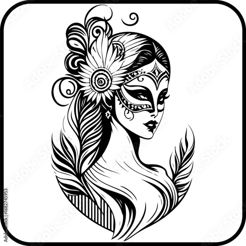 Mysterious masquerade woman with elegant feathered decoration and detailed mask design expressing