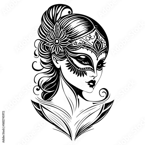 Mysterious monochrome depiction of a woman adorned with intricate floral and ornamental masquerade
