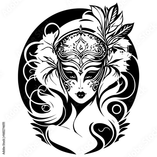 Mysterious woman wearing mask in elegant design black white illustration for a creative design